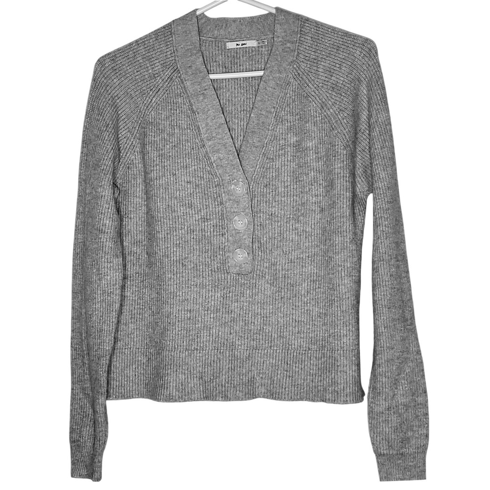 Mi Ami Gray Ribbed Henley Sweater V-Neck Raglan Long Sleeve STX11189R Womens L